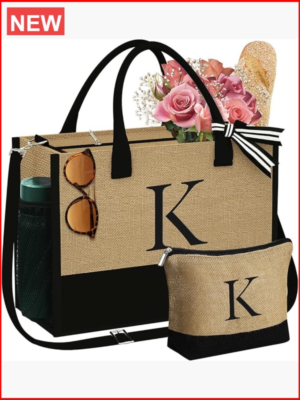 Initial Jute Tote Bag & Makeup Bag Set, Zipper Closure, Monogram Embroidery